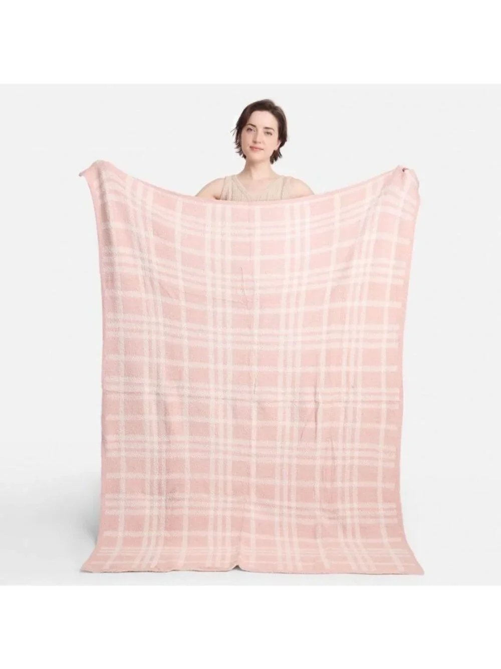 COMFYLUXE Pink White Plaid Cozy Super Soft Plush Reversible Throw Blanket 50x60